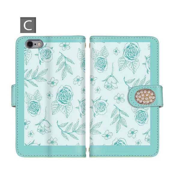 花柄 バラ 薔薇 パール ビジュー デコ スマホケース 手帳型 携帯カバー iPhoneケース モバイルケース かわいい 4枚目の画像