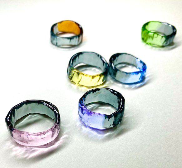 ガラスリング　〜 plat 〜　グレー　パープル　ブルー　ピンク　イエロー　5号 〜 18号　送料無料　ガラス　指輪 1枚目の画像