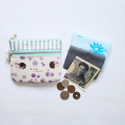ダブルファスナーミニ財布・カード入れ　ハリネズミとフルーツ・ラベンダー　ファスナー14㎝ 2枚目の画像