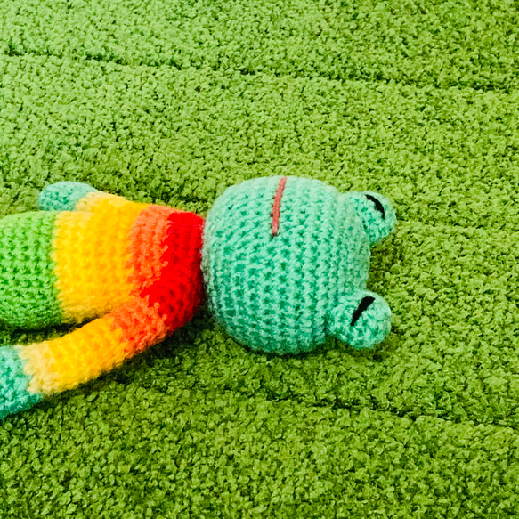 苔田かえる作‼️居眠りカエルのあみぐるみ(南国カラー) 2枚目の画像