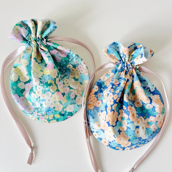 まる巾着　リバティ　Hollyhocks(ホリーホックス)グリーン 6枚目の画像