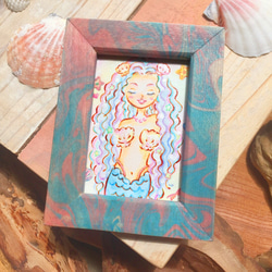 人魚イラスト & 木製フレーム【Mermaid】手描きイラスト / 壁掛け 卓上 2way マーブリング額縁 1枚目の画像