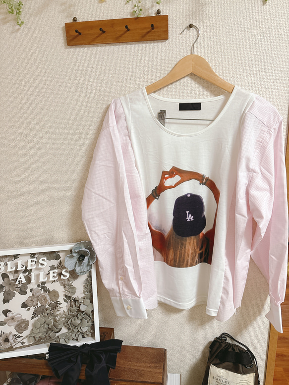 ◆リメイク　ピンクロングTシャツ◆ ストライプ　ピンク　ロンT 1枚目の画像
