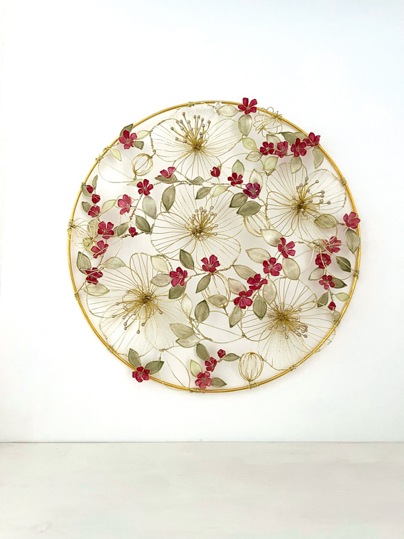 一点物】赤い小花の壁飾り ウォールアート 約30㎝ ワイヤー