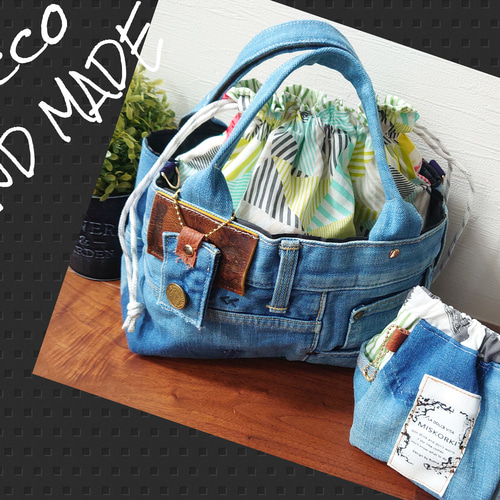 No.442【大きめ✨DENIM✖️カラフルPOP❇️巾着BAG&バネポーチ2点set