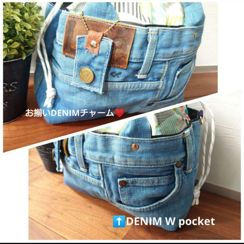 No.442【大きめ✨DENIM✖️カラフルPOP❇️巾着BAG&バネポーチ2点set
