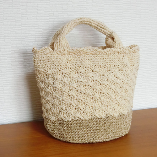 生成り綿麻手編みミニマルシェバッグ 松編み 丸底 トートバッグ mm 