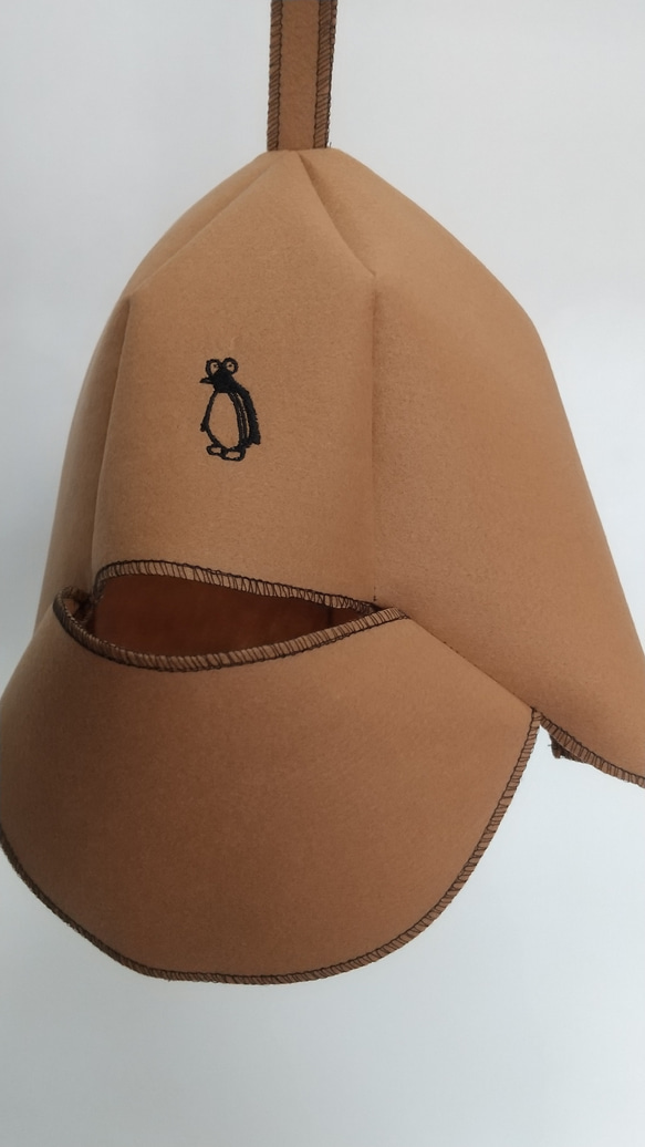 コーヒー豆ペンギンのサウナハット　飛沫防止2ウエイタイプ　刺繍マークで　モカ　新しいカラー！ 3枚目の画像