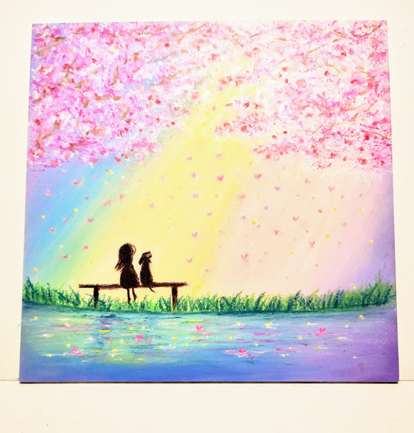 雪の豪奢 さくら 春色に包まれて 【原画】オイルパステル ハートの花びら 絵画