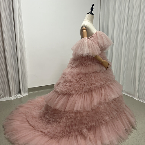 送料無料！カラードレス ピンク ソフトチュール オフショルダー ロング