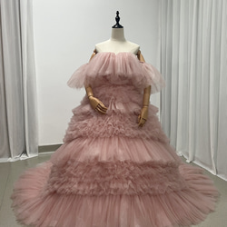 送料無料！カラードレス ピンク ソフトチュール オフショルダー ロング