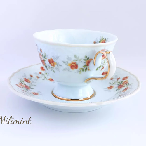 受注制作】ローズガーデン カップ&ソーサー(オレンジ) オレンジ薔薇