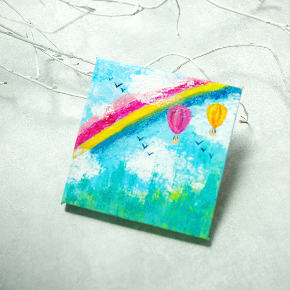 【原画】抽象画　虹 と 気球 　10cm角　キャンバス　送料無料 1枚目の画像