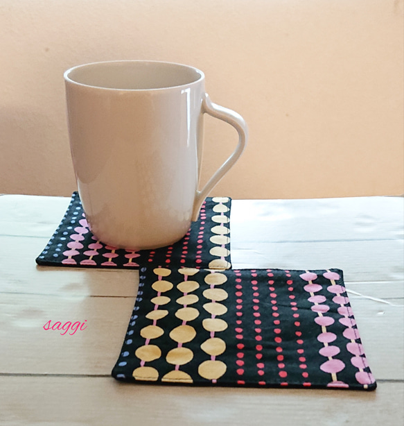 送料無料*北欧風ポップドットライン柄*ちょっと大きめ布コースター2枚