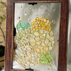 シェルアートフレームꕤ  イエロー系フラワーと水玉のインテリアフレーム　ꕤ   天然貝　ステンドグラス風　紫陽花　 14枚目の画像