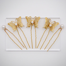 ゴールド真鍮製蝶々フラワーピンセット/金箔/ヘアアクセサリーヘッドドレスブライダルウェディングお呼ばれ成人式着物卒業式 1枚目の画像