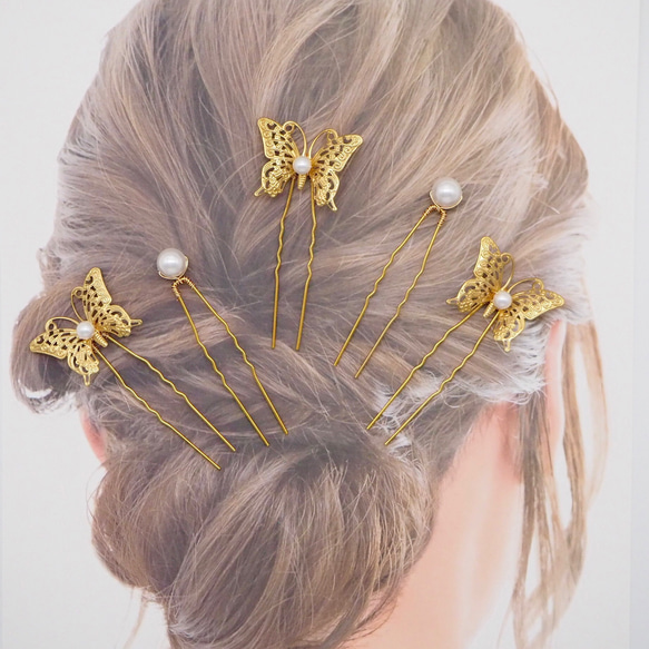ゴールド真鍮製蝶々フラワーピンセット/金箔/ヘアアクセサリーヘッドドレスブライダルウェディングお呼ばれ成人式着物卒業式 2枚目の画像