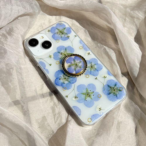 シアー】ネモフィラ×かすみ草 押し花スマホケース 【ハイブリッド