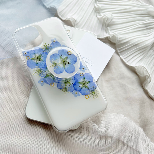 ホワイト】ネモフィラ 押し花スマホケース 【ハイブリッドケース対応可  