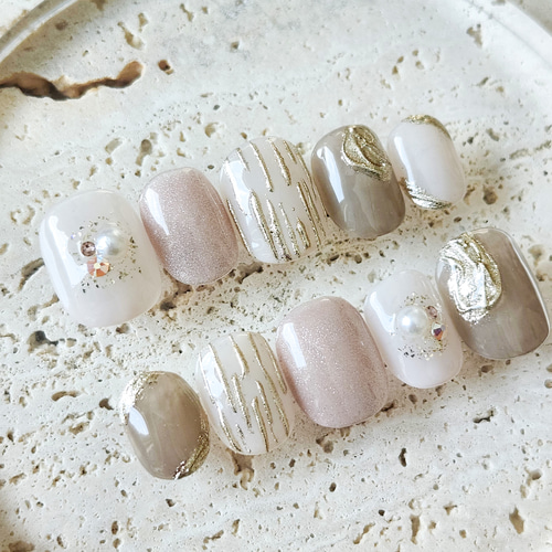 No.30】グレーとホワイトネイル ネイルチップ/ニュアンスネイル/ミラー