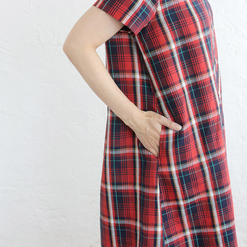 リネン 2way半袖シャツワンピース （マドラスチェック/レッド