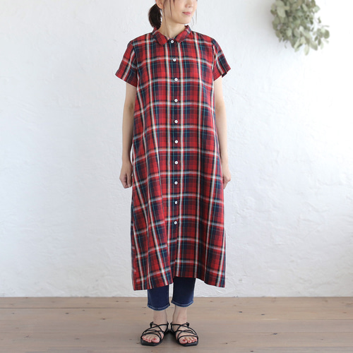 ❁ 45r 45rpm 麻100% 薄手マドラスチェック シャツワンピース ❁ 45r 45rpm 麻100% 薄手マドラスチェック シャツワンピース
