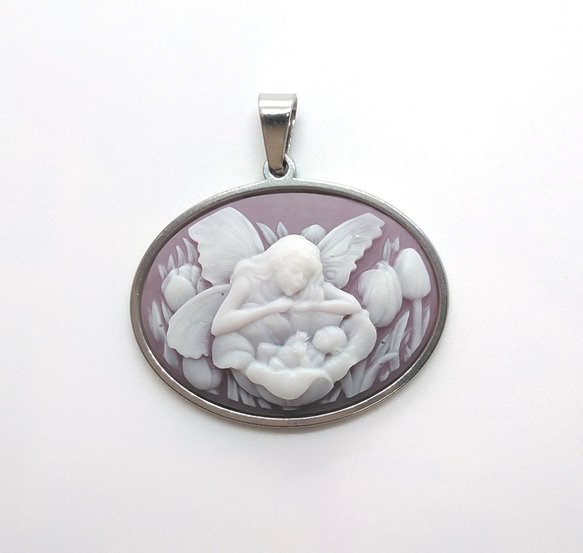エルフの親子 横長タイプ カメオ風ペンダントトップ(ネックレス  
