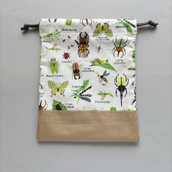 25×20   巾着 給食袋   昆虫　ブラウン　カブトムシ　クワガタ　カマキリ　ホタル　てんとう虫　トンボ　チョウ 3枚目の画像