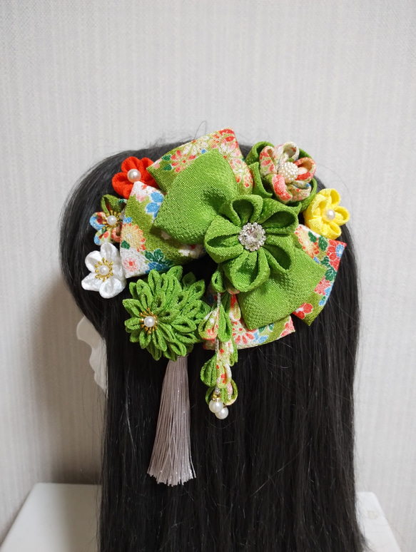 【再販】【ボヌール/淡緑桃】つまみ細工の髪飾り リボン 水引 七五三 成人式 再販】【ボヌール/淡緑桃】つまみ細工の髪飾り リボン 水引 七五三