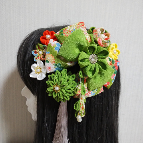 髪飾り 髪飾り黄緑 リボン黄緑 成人式髪飾り 卒業式髪飾り 七五三髪