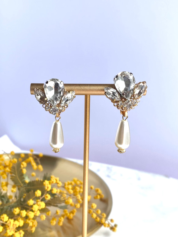 大粒ストーン 輝く 大人 揺れる♡イヤリング earring パール ビジュー 花嫁 ブライダル 2枚目の画像