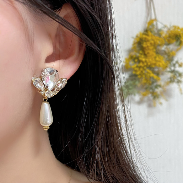 大粒ストーン 輝く 大人 揺れる♡イヤリング earring パール ビジュー 花嫁 ブライダル 3枚目の画像