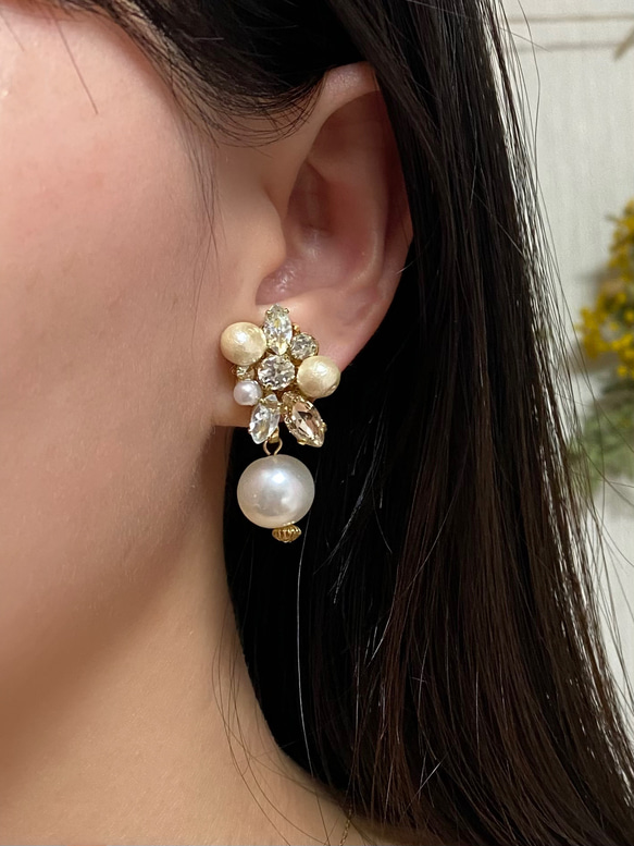 楕円 普段使いできる 大人 ビジュー パール 揺れる♡イヤリング earring 痛くない 花嫁 ブライダル 5枚目の画像