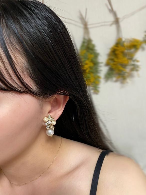 楕円 普段使いできる 大人 ビジュー パール 揺れる♡イヤリング earring 痛くない 花嫁 ブライダル 6枚目の画像