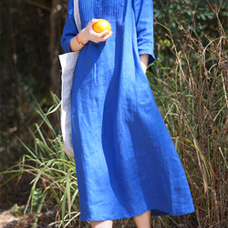 ブルー綿麻レディースドレス 3枚目の画像