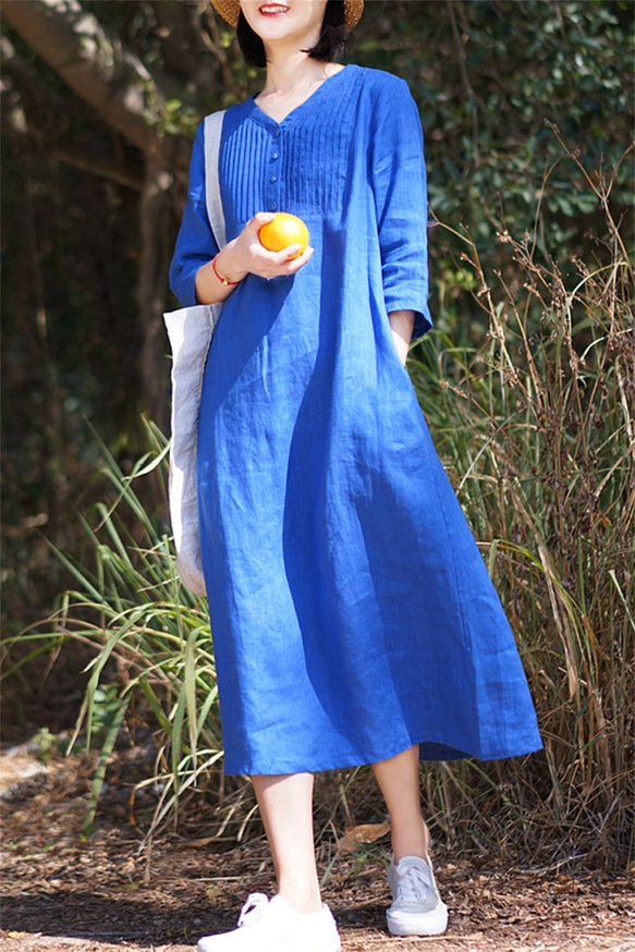 ブルー綿麻レディースドレス 5枚目の画像