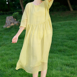 レディースクルーネックイエローショートスリーブ綿麻ドレス 1枚目の画像