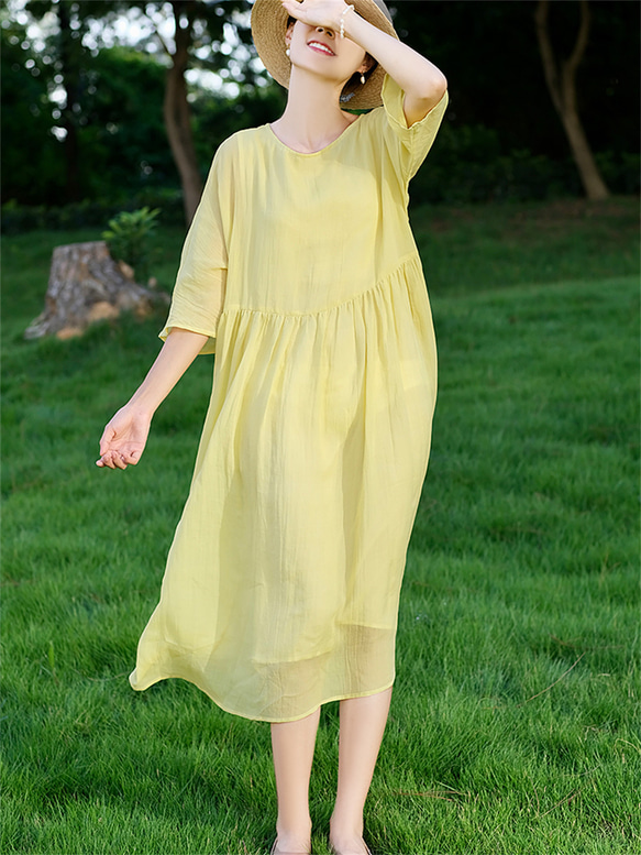 レディースクルーネックイエローショートスリーブ綿麻ドレス 1枚目の画像