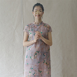 フラワープリントルーズショートスリーブ綿麻レディースドレス 4枚目の画像