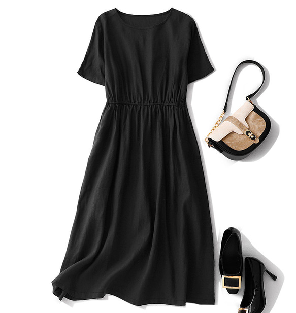 夏ワンピース、ブラック綿麻ワンピース、コットンワンピース、ロング  