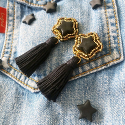 小さな星★とタッセル(ブラック) ビーズ刺繍ピアス/イヤリング 3枚目の画像