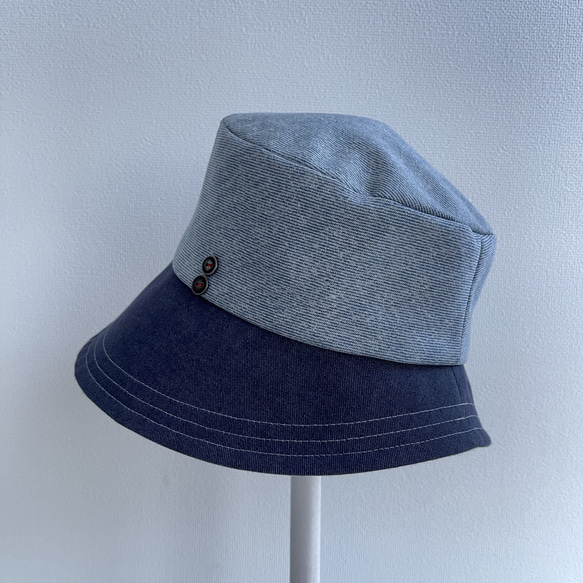 58cm ツートン デニム ブルー サックス 青 水色 バケットハット バケハ 帽子 大人可愛い 6枚目の画像