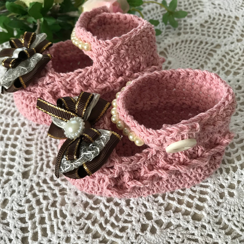リボンのベビーシューズ（ピンク）☆編み物 靴 Pearl rose 通販  
