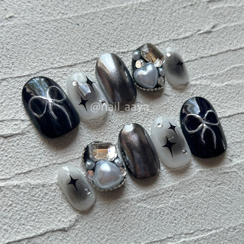 白黒 シズニルック 韓国 y2k ネイルチップ ネイルチップ（つけ爪