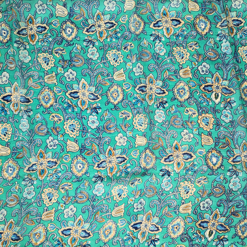 5m以上】薄手シルク生地 インド絹 サリー生地（緑／花柄）【送料無料