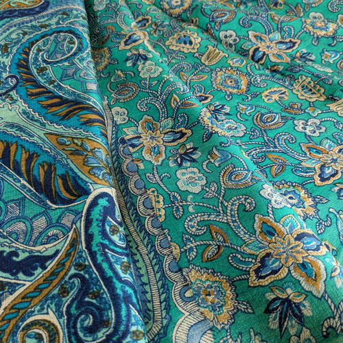 5m以上】薄手シルク生地 インド絹 サリー生地（緑／花柄）【送料無料