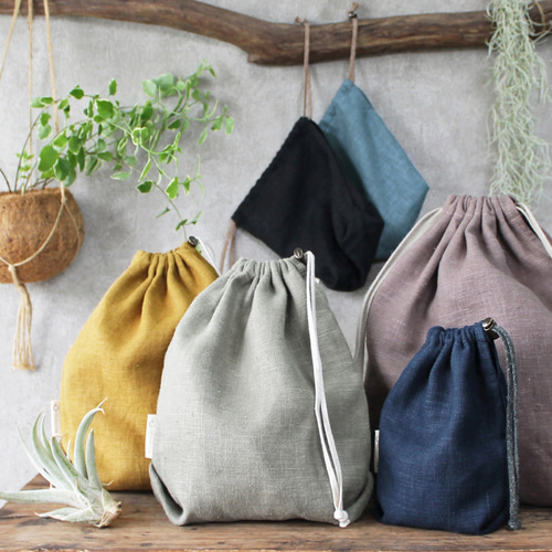 Kinchaku Basic M リネンキャンバス スモーキーブルー [巾着袋 麻 厚手