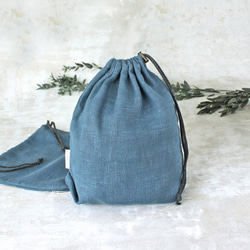 Kinchaku Basic M リネンキャンバス スモーキーブルー [巾着袋 麻 厚手