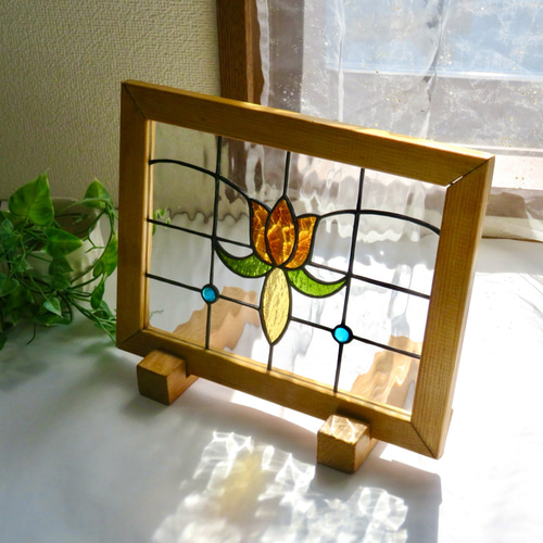 ステンドグラス ＊オレンジのアンティークチューリップの衝立パネル