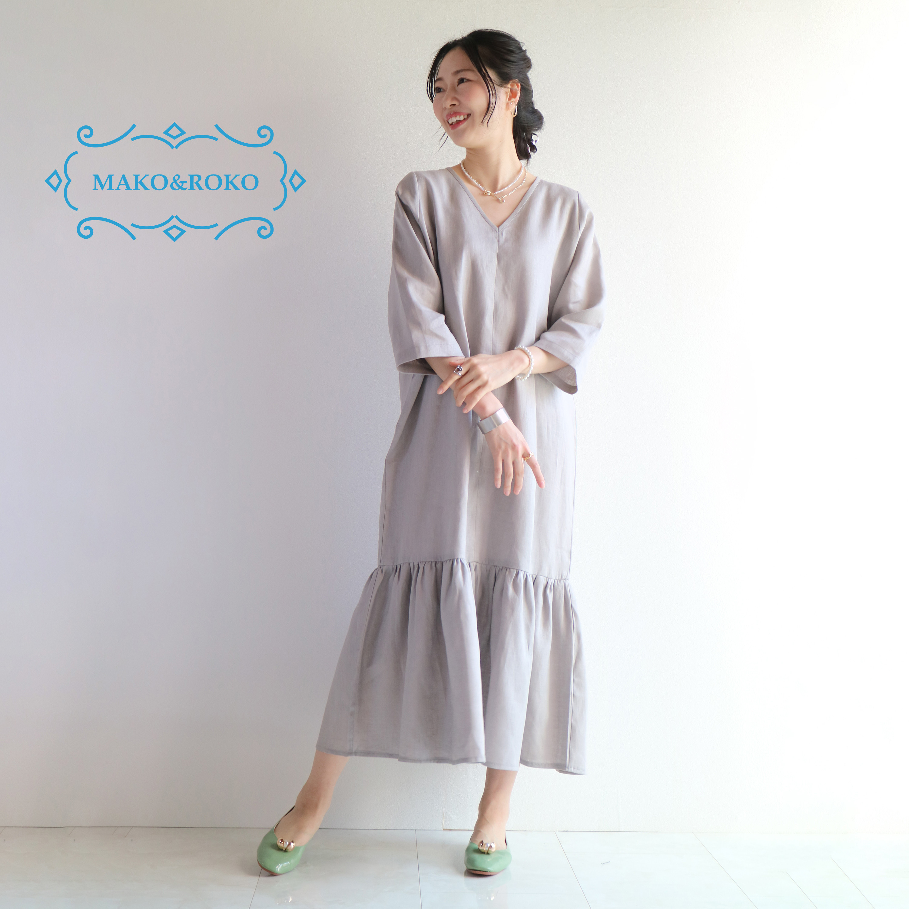 返品可能　涼しい　フリル　リネン　ワンピース